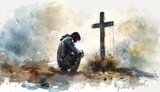 a man kneeling in front of a cross