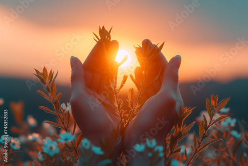 Green shoots in women's palms at sunset in a natural environment