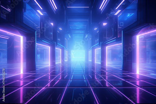 Futuristic Hallway With Neon Lights and Blue Light. Generative AI.