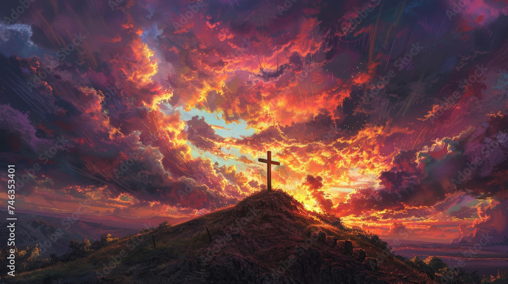 Sacred Crucifix Silhouette Against a Dramatic Sunset Sky Signifying Redemption and Faith - obrazy, fototapety, plakaty 