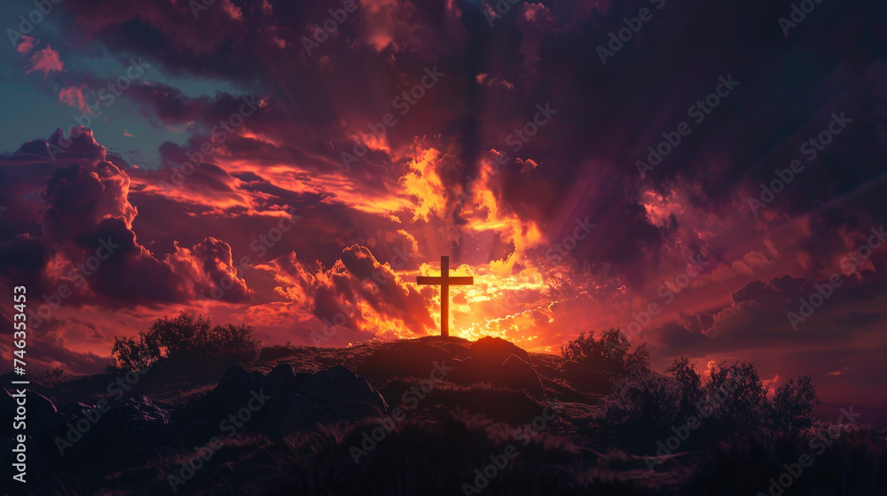 Sacred Crucifix Silhouette Against a Dramatic Sunset Sky Signifying Redemption and Faith Sacred Crucifix Silhouette Against a Dramatic Sunset Sky Signifying Redemption and Faith