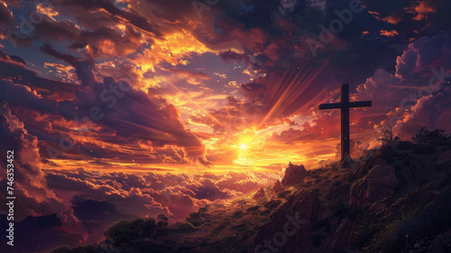 Sacred Crucifix Silhouette Against a Dramatic Sunset Sky Signifying Redemption and Faith