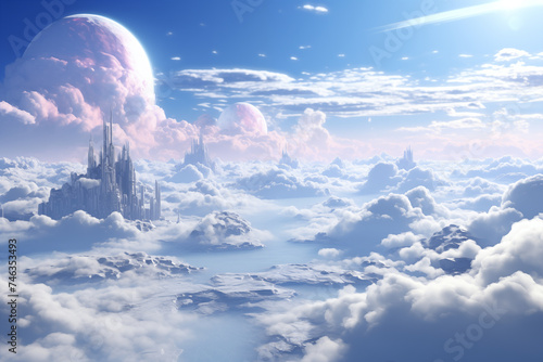 Castle in the Sky Surrounded by Clouds. Generative AI.