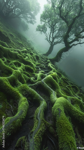 large mossy trees in the laurel forest of Madeira, large twisted tree roots in the foreground leading to trees,generative ai