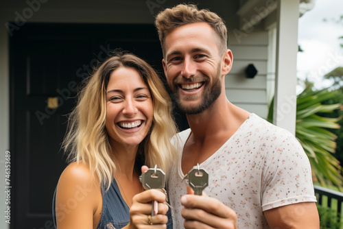 Portrait of happy young Caucasian couple renters showing house keys buy first shared home together. Smiling tenants, men and women, move into their new home. Concept of reality, rent, relocation.