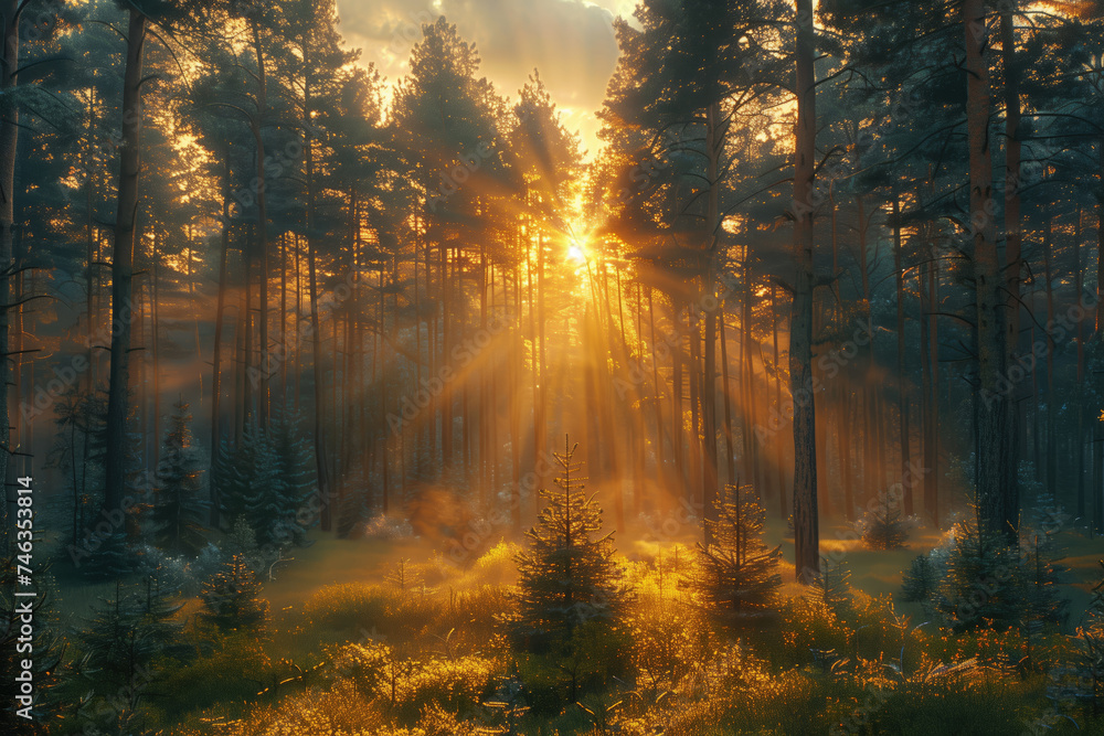 Misty morning in the forest with sun rays shining through the trees