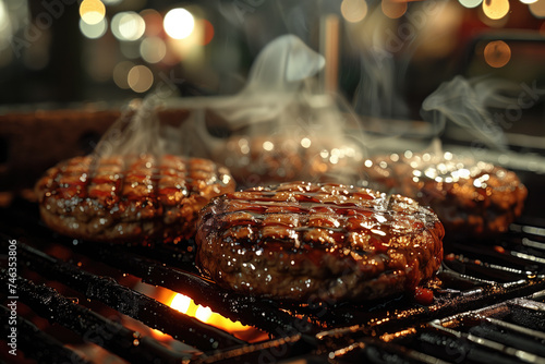 Delicious grilled hamburger on barbecue grill, closeup. Space for text