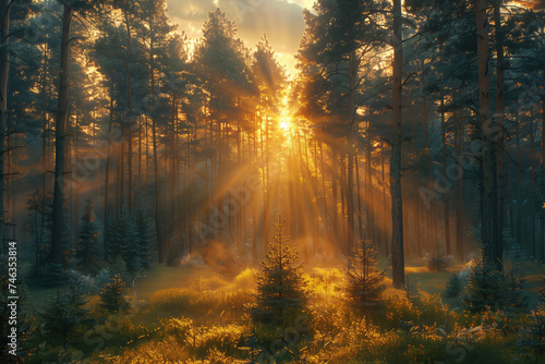 Misty morning in the forest with sun rays shining through the trees © Evgeny