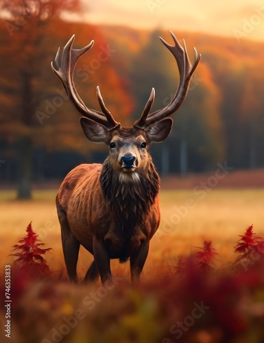 Banner with red deer stag in the autumn field. Noble deer male. Beautiful animal in the nature habitat. Wildlife scene from the wild nature landscape. Generative AI © Jaon