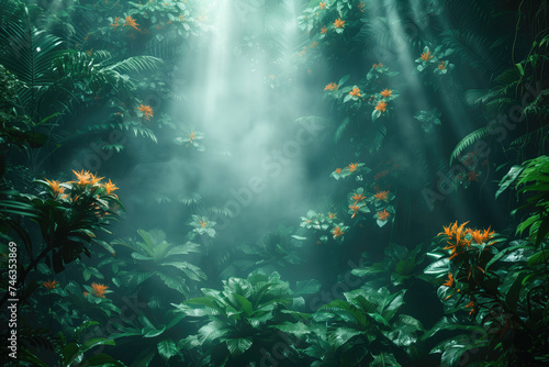 tropical forest vegetation, light breaks through the fog © Evgeny