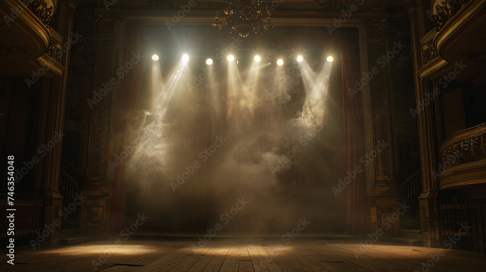 The intimate perspective of an empty stage in a classic theater, with spotlights creating a moody and dramatic atmosphere