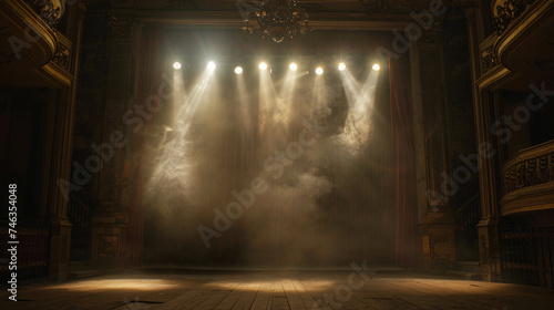 The intimate perspective of an empty stage in a classic theater  with spotlights creating a moody and dramatic atmosphere