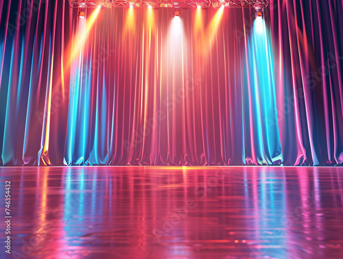 Close up of an empty stage bathed in vibrant lighting set for an upcoming entertainment show highlighting anticipation © Artinun
