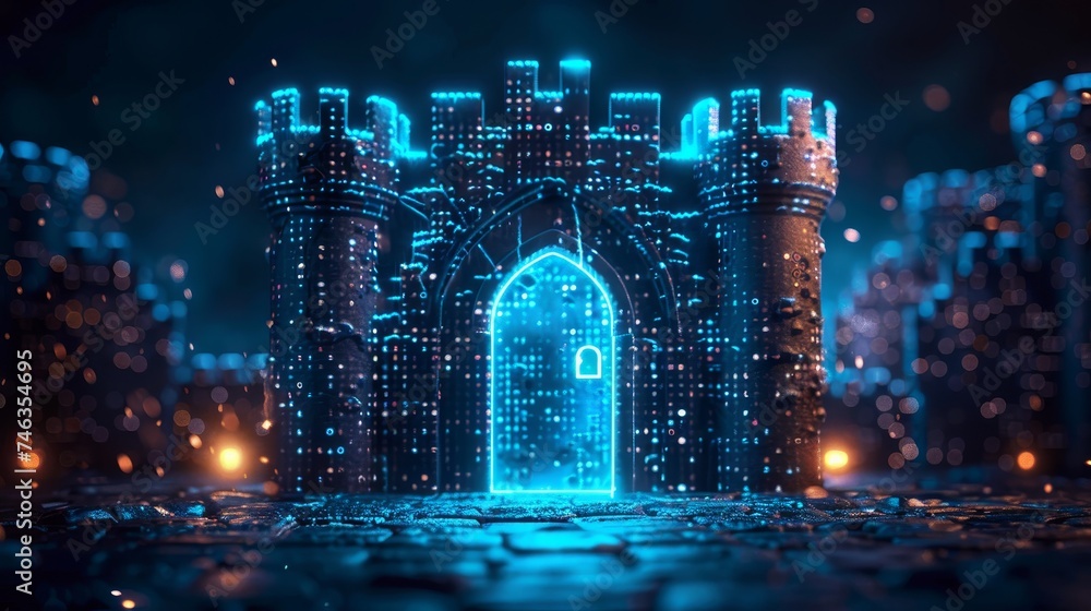 Depict the intricate world of cybersecurity, with binary code forming an impenetrable digital fortress - obrazy, fototapety, plakaty 