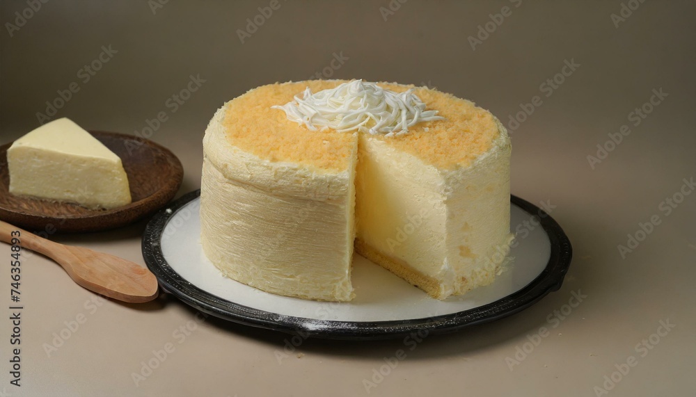 Chiffon cake with cheese toping full and slice close up Chiffon cake with cheese toping full and slice close up