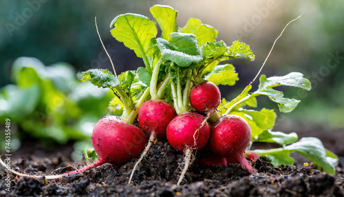 Freshly harvested radishes on ground in the garden. Selective focus. Healthy food concept.