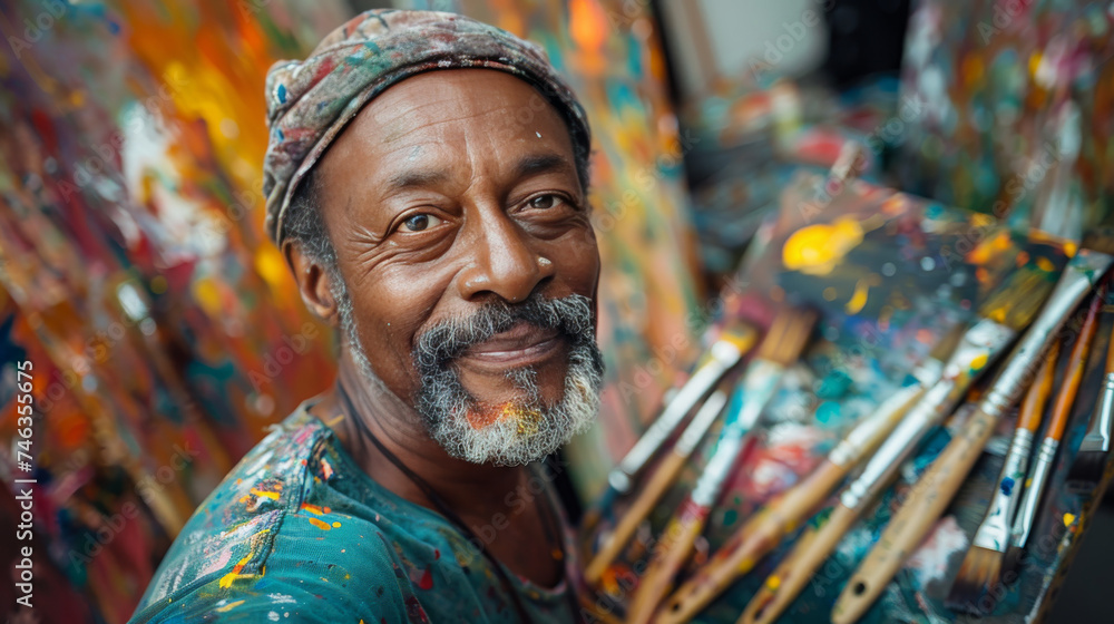 Creative artist taking a selfie with his artwork and tools Creative artist taking a selfie with his artwork and tools