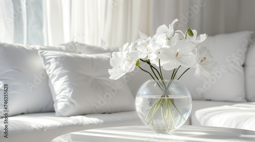 Closeup of white vase of fresh orchids on a table, living room interior design with cozy sofa and greenery background. Home decor inspiration.