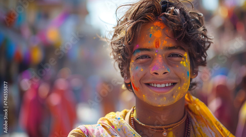 Indian boy smiling with colors on his face after playing Holi