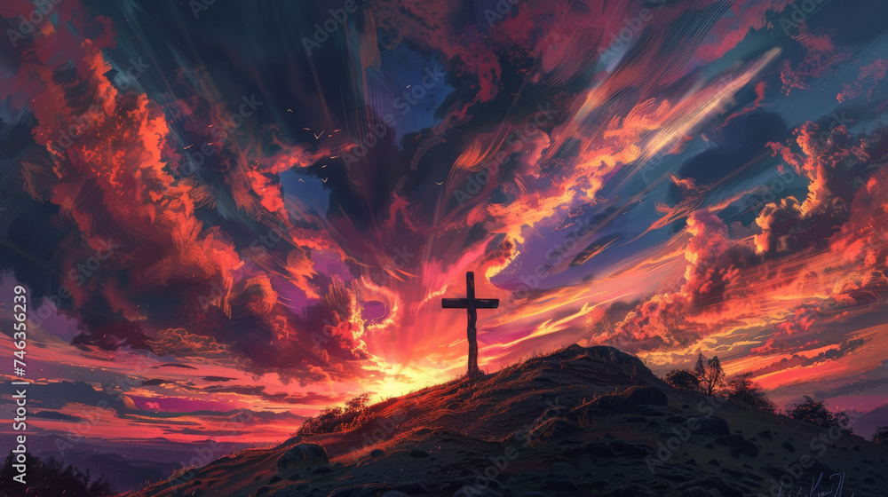 Majestic Sunset Behind the Christian Cross on a Rugged Hilltop Symbolizing Hope and Faith - obrazy, fototapety, plakaty 