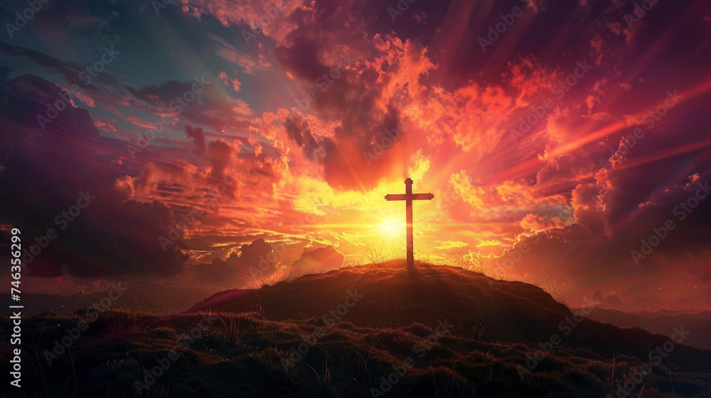 Majestic Sunset Behind the Christian Cross on a Rugged Hilltop Symbolizing Hope and Faith - obrazy, fototapety, plakaty 