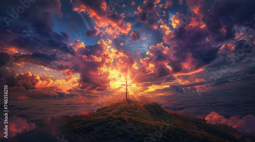 Majestic Sunset Behind the Christian Cross on a Rugged Hilltop Symbolizing Hope and Faith © Farnaces