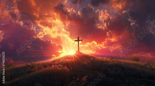 Majestic Sunset Behind the Christian Cross on a Rugged Hilltop Symbolizing Hope and Faith