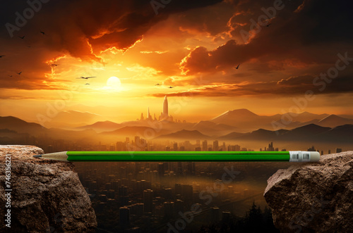 Green pencil on rock mountain over aerial panoramic view of modern city tower and skyscraper at golden hour, Business success, strategy, and planning concept