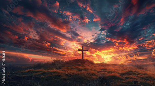 Majestic Sunset Behind the Christian Cross on a Rugged Hilltop Symbolizing Hope and Faith