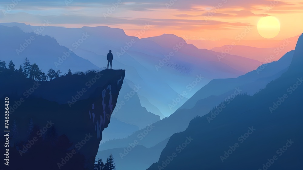 Man Standing on Cliff Overlooking Distant Mountains at Sunset - obrazy, fototapety, plakaty 