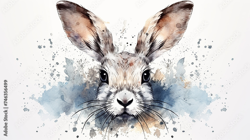 A big-eared hare in splashes of watercolor paints with an expressive look - obrazy, fototapety, plakaty 