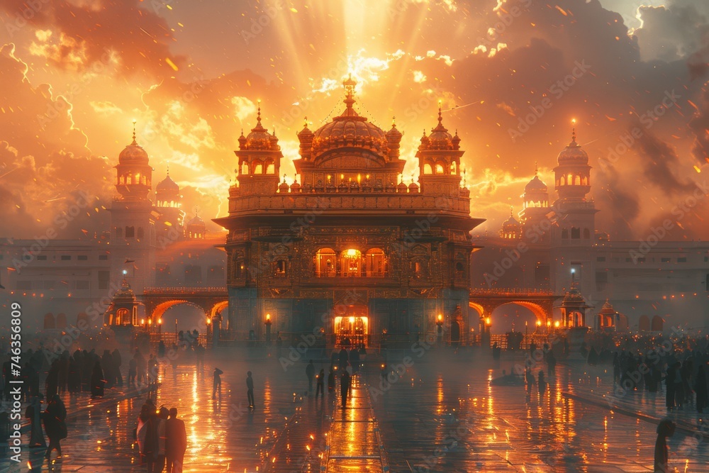 Obraz premium imagination of the asian building with sunrise golden temple, the photorealistic urban scenes from birds-eye-view with vibrant stage backdrops South East traditional temple building.