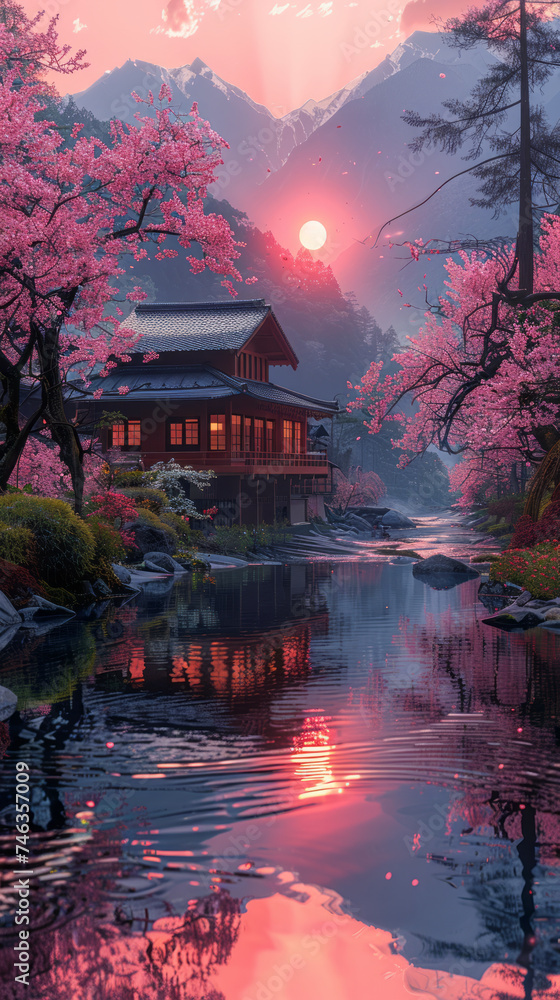 Obraz premium Tranquil river to Japanese dojo, cherry blossoms, colorful trees.generative ai