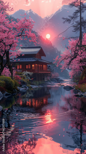 Tranquil river to Japanese dojo, cherry blossoms, colorful trees.generative ai