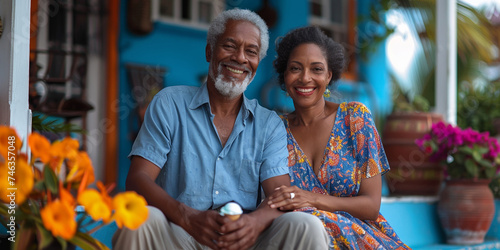 A gentle elderly couple in their 60s is hugging outdoors, radiating happiness and love. © Iryna