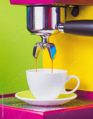 Kaffee läuft von Kaffeemaschine in die Tasse - kräftige Farben erhellen das bild photo