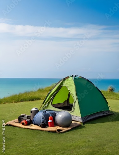 Camping tent and camping equipment on green grass with sea view background Generative AI