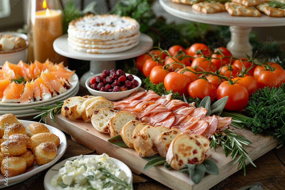 A tempting platter with a variety of Italian meats, cheeses and breads, ideal for a gourmet snack.