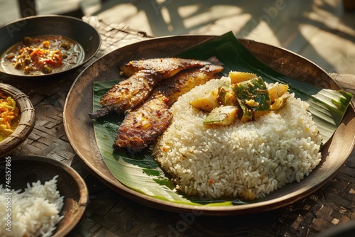 Traditional Bangladeshi Dish with Fermented Rice and Fried Hilsha Fish, a Popular Bangladesh Food photo