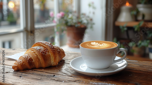 A cup of cappuccino and a croissant on a wooden table,generative ai