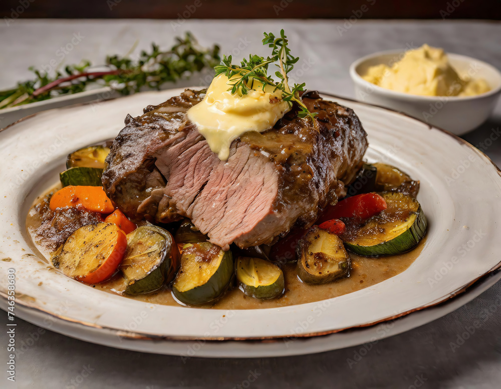 roast beef served with butter, zucchini and potatoes on a white plate roast beef served with butter, zucchini and potatoes on a white plate