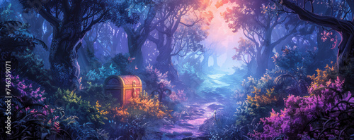 Early dawn in a chibi forest world, a treasure chest sits at the end of a path, guarded by mythical creatures