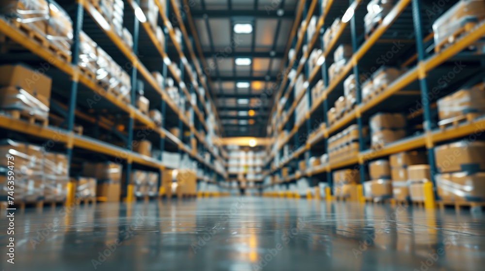 Blurred background of Warehouse industrial and logistics companies. Commercial warehouse. Huge distribution warehouse with high shelves. Low angle view.