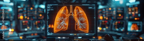 Wide angle of radiology work on virtual human lungs, medical environment #746359414