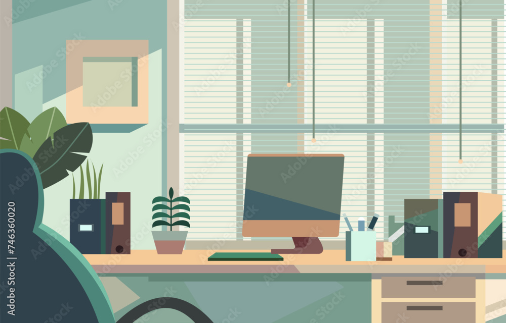 Flat Vector Design of Workspace Landscape in the Office with Monitor on a Desk Flat Vector Design of Workspace Landscape in the Office with Monitor on a Desk