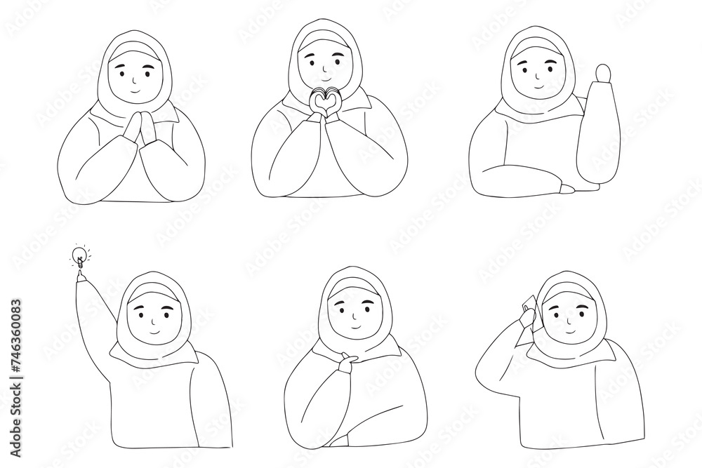 set of illusstration kawai muslim wearing hijab activity. Muslim business woman in hijab holding a laptop set of illusstration kawai muslim wearing hijab activity. Muslim business woman in hijab holding a laptop