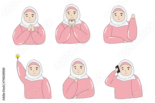 set of illusstration kawai muslim wearing hijab activity. Muslim business woman in hijab holding a laptop