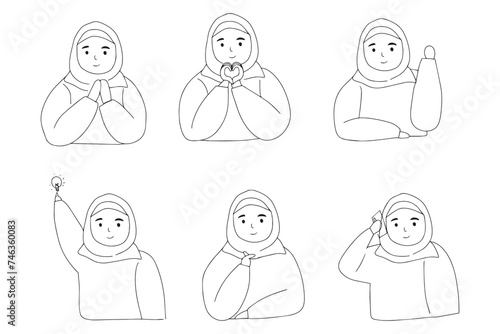 set of illusstration kawai muslim wearing hijab activity. Muslim business woman in hijab holding a laptop
