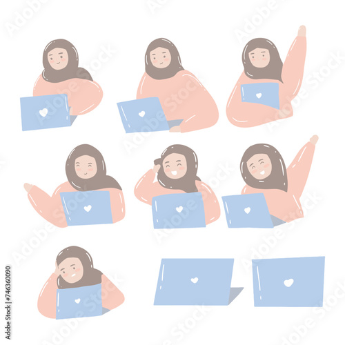 set of illusstration kawai muslim wearing hijab activity. Muslim business woman in hijab holding a laptop