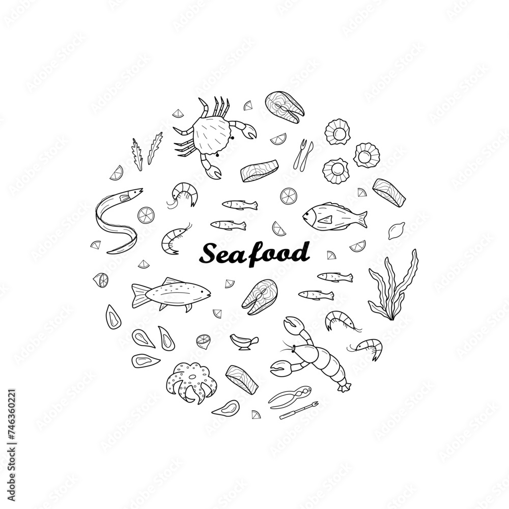 Seafood is a set of doodle icons. Vector illustration of seafood and cuisine. Seafood is a set of doodle icons. Vector illustration of seafood and cuisine.